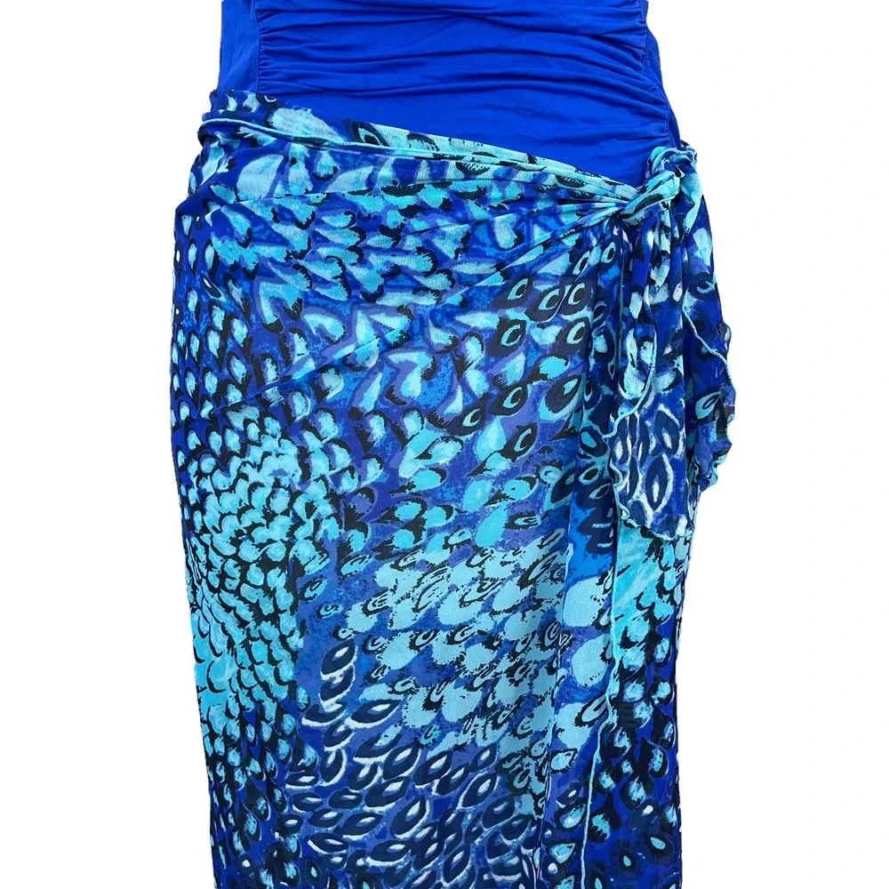 Women's Swim Coverup Long Sarong in Blue Print Sheer Waist Tie One Size